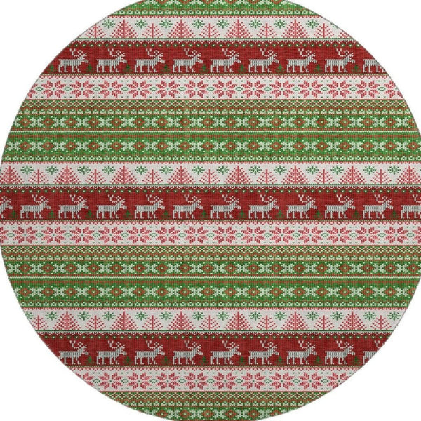 HomeRoots 8' Stylish Green, Ivory & Red Abstract Geometric Washable Round Rug with UV Protection & Non-Slip Backing 701897