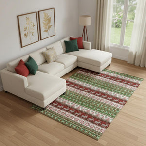 HomeRoots 9' X 12' Abstract Geometric Area Rug in Green, Ivory & Red - Washable, UV Protected, Stain Resistant! 701899