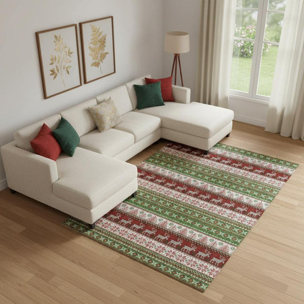 HomeRoots 9' X 12' Abstract Geometric Area Rug in Green, Ivory & Red - Washable, UV Protected, Stain Resistant! 701899