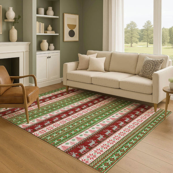 HomeRoots 9' X 12' Abstract Geometric Area Rug in Green, Ivory & Red - Washable, UV Protected, Stain Resistant! 701899