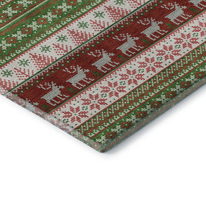 HomeRoots 9' X 12' Abstract Geometric Area Rug in Green, Ivory & Red - Washable, UV Protected, Stain Resistant! 701899