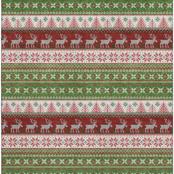 HomeRoots 9' X 12' Abstract Geometric Area Rug in Green, Ivory & Red - Washable, UV Protected, Stain Resistant! 701899