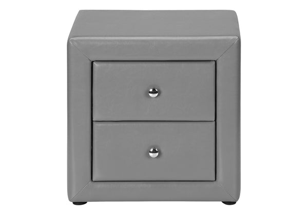English Elm Nightstand, Upholstered Leather-Look Accent Table with Two Drawers, Chrome Knob, No Assembly Required Grey 22 L x 17 W x 22 H B2710P219501