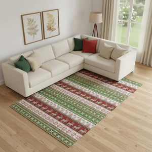 HomeRoots 10' Abstract Geometric Area Rug in Green, Ivory & Red - Washable, UV Protected, Non-Slip Design 701900