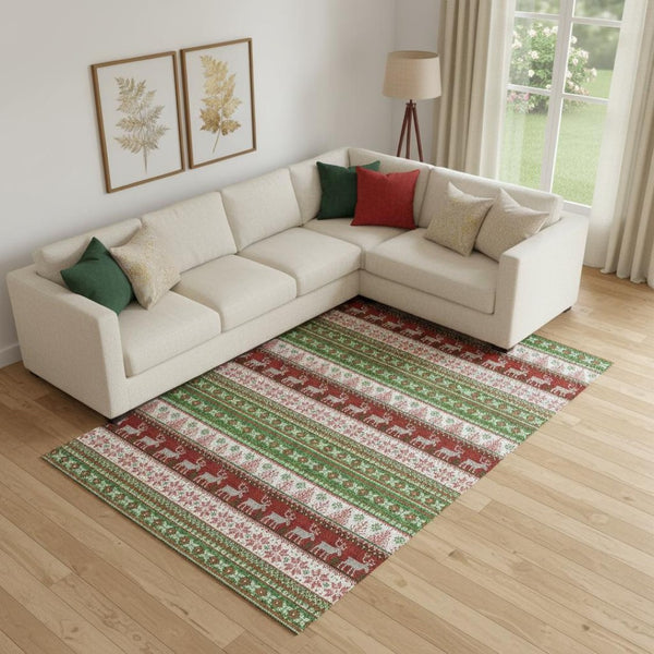 HomeRoots 10' Abstract Geometric Area Rug in Green, Ivory & Red - Washable, UV Protected, Non-Slip Design 701900