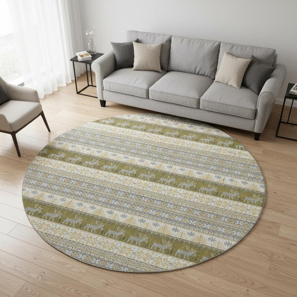 HomeRoots 8' Gray Ivory and Gold Abstract Geometric Round Rug - Washable, UV-Protected, Durable Design for Homes 701903