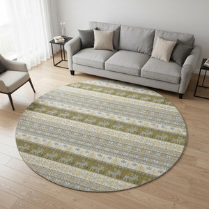 HomeRoots 8' Gray Ivory and Gold Abstract Geometric Round Rug - Washable, UV-Protected, Durable Design for Homes 701903