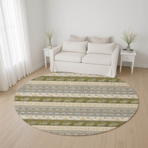 HomeRoots 8' Gray Ivory and Gold Abstract Geometric Round Rug - Washable, UV-Protected, Durable Design for Homes 701903