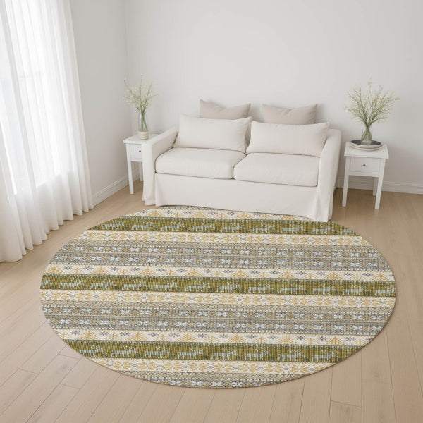 HomeRoots 8' Gray Ivory and Gold Abstract Geometric Round Rug - Washable, UV-Protected, Durable Design for Homes 701903