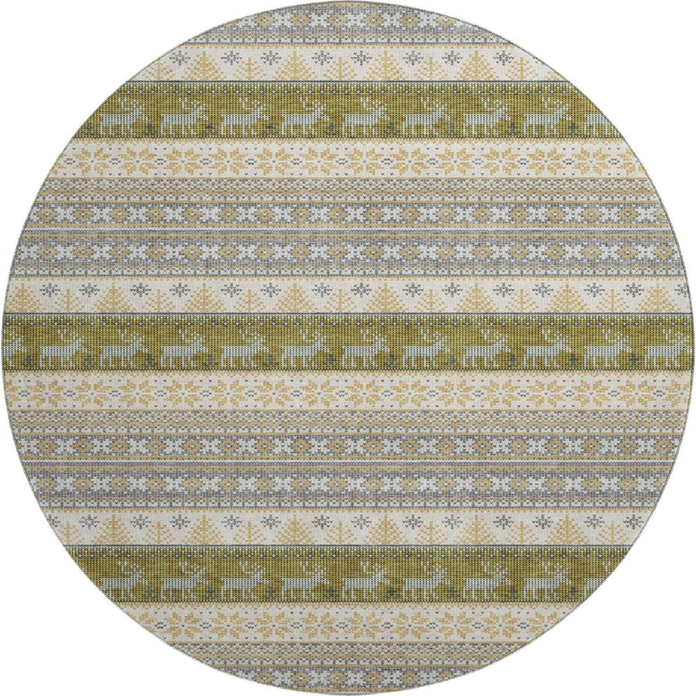 HomeRoots 8' Gray Ivory and Gold Abstract Geometric Round Rug - Washable, UV-Protected, Durable Design for Homes 701903
