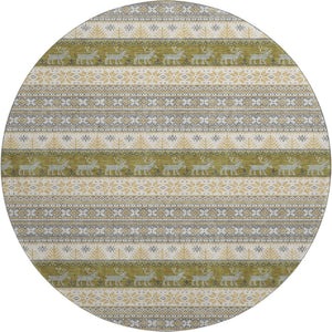HomeRoots 8' Gray Ivory and Gold Abstract Geometric Round Rug - Washable, UV-Protected, Durable Design for Homes 701903