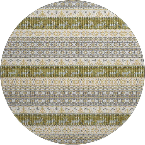 HomeRoots 8' Gray Ivory and Gold Abstract Geometric Round Rug - Washable, UV-Protected, Durable Design for Homes 701903