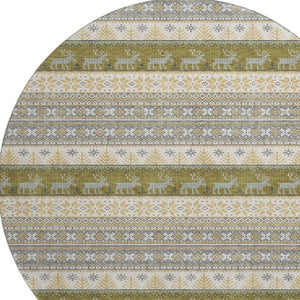 HomeRoots 8' Gray Ivory and Gold Abstract Geometric Round Rug - Washable, UV-Protected, Durable Design for Homes 701903
