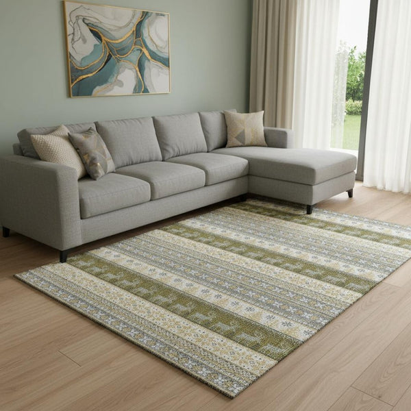 HomeRoots 8' X 10' Stylish Gray Ivory Gold Abstract Washable Area Rug with UV Protection & Non-Slip Backing 701904