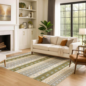 HomeRoots 10' X 14' Gray Ivory Gold Abstract Area Rug – Washable, UV-Protected, Stylish for High-Traffic Homes 701906