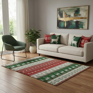 HomeRoots 5' X 8' Vibrant Red Green Ivory Abstract Geometric Washable Area Rug for Kids & Pets - UV Protected 701908