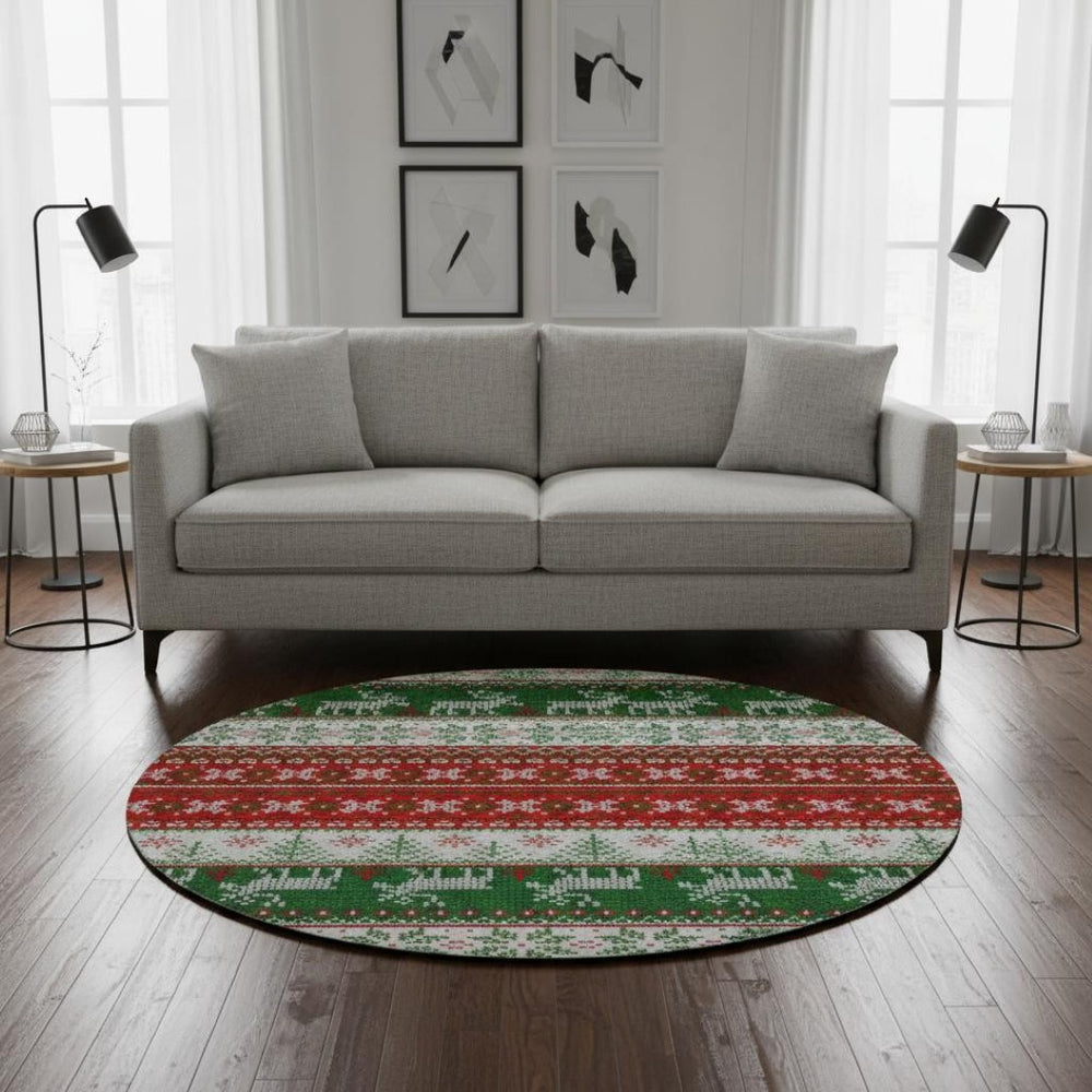 HomeRoots 8' Washable Round Rug - Bold Red, Green & Ivory Geometric Design with UV Protection & Non-Slip Backing 701909