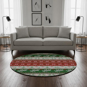HomeRoots 8' Washable Round Rug - Bold Red, Green & Ivory Geometric Design with UV Protection & Non-Slip Backing 701909