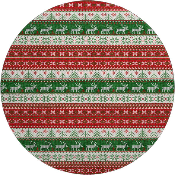 HomeRoots 8' Washable Round Rug - Bold Red, Green & Ivory Geometric Design with UV Protection & Non-Slip Backing 701909