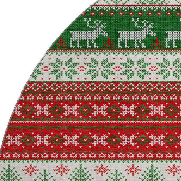 HomeRoots 8' Washable Round Rug - Bold Red, Green & Ivory Geometric Design with UV Protection & Non-Slip Backing 701909
