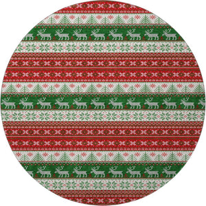 HomeRoots 8' Washable Round Rug - Bold Red, Green & Ivory Geometric Design with UV Protection & Non-Slip Backing 701909
