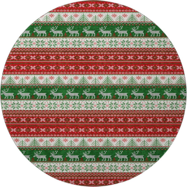 HomeRoots 8' Washable Round Rug - Bold Red, Green & Ivory Geometric Design with UV Protection & Non-Slip Backing 701909
