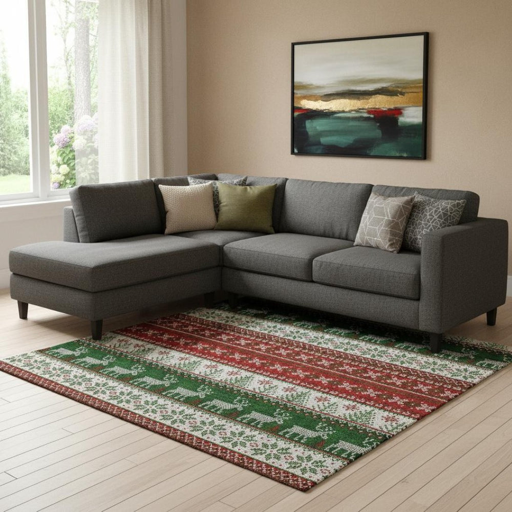 HomeRoots 8' X 10' Abstract Geometric Area Rug in Red, Green & Ivory – Washable, UV-Protected, Stain-Resistant! 701910