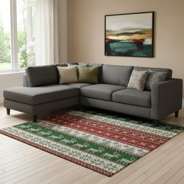 HomeRoots 8' X 10' Abstract Geometric Area Rug in Red, Green & Ivory – Washable, UV-Protected, Stain-Resistant! 701910