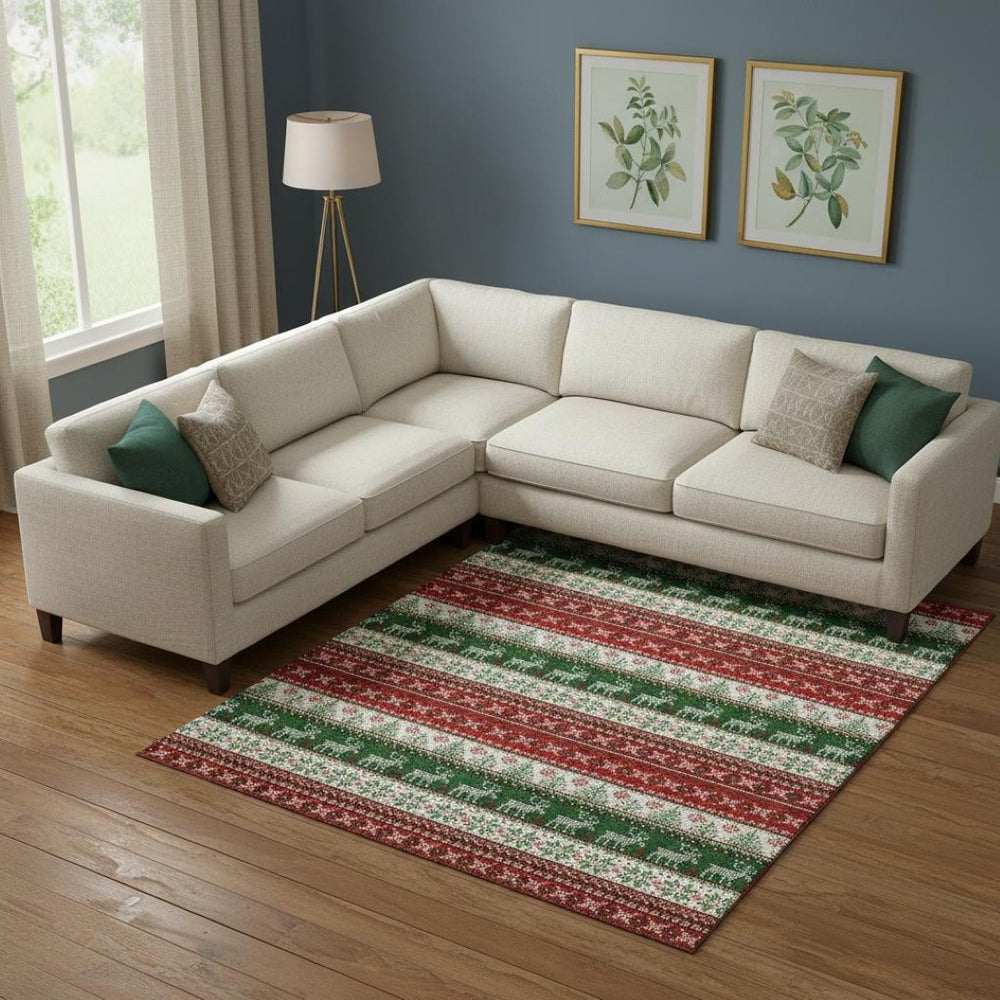 HomeRoots 9' X 12' Washable Area Rug - Bold Abstract Geometric Design in Red, Green & Ivory for Easy Care Living 701911
