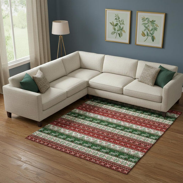 HomeRoots 9' X 12' Washable Area Rug - Bold Abstract Geometric Design in Red, Green & Ivory for Easy Care Living 701911