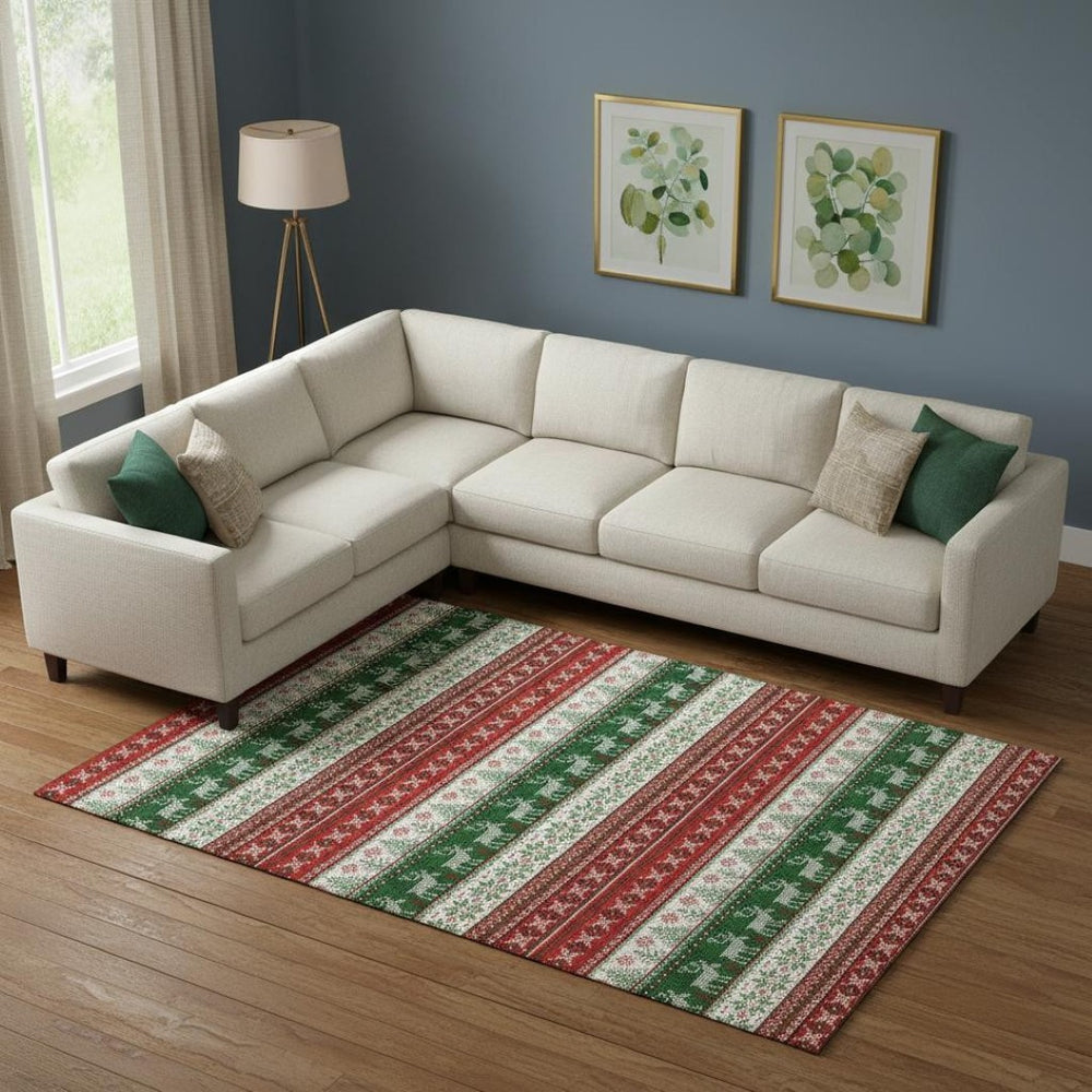 HomeRoots 10' Abstract Geometric Area Rug in Red, Green & Ivory - Washable, UV-Resistant, Durable for Busy Homes 701912