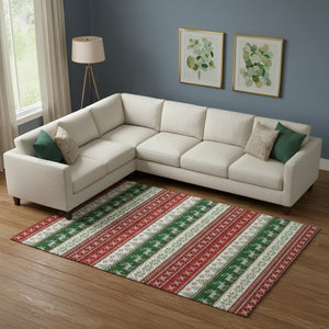HomeRoots 10' Abstract Geometric Area Rug in Red, Green & Ivory - Washable, UV-Resistant, Durable for Busy Homes 701912