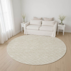 HomeRoots 8' Beige and Ivory Abstract Geometric Round Rug - Washable, UV Resistant, Ideal for High-Traffic Areas 701915