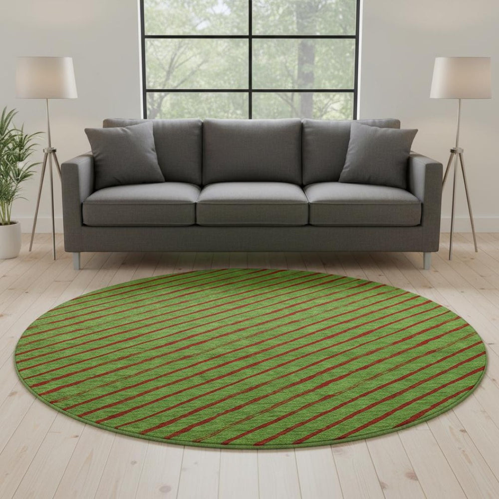 HomeRoots 8' Fern Green and Red Abstract Geometric Round Rug – Washable, UV-Protected, Non-Slip Design for Homes 701921