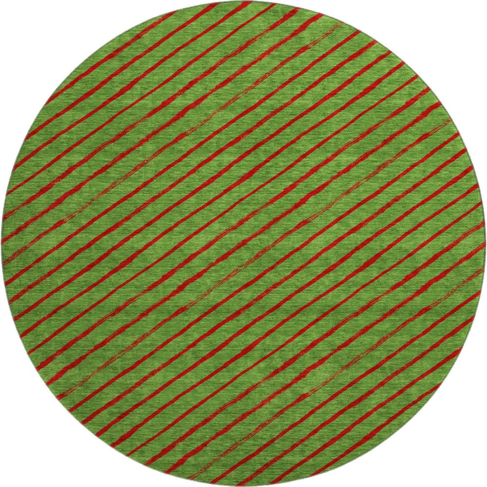 HomeRoots 8' Fern Green and Red Abstract Geometric Round Rug – Washable, UV-Protected, Non-Slip Design for Homes 701921