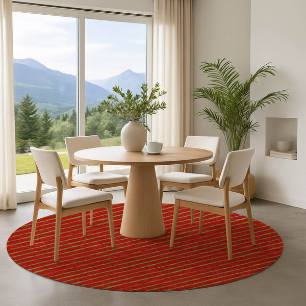 HomeRoots 8' Merlot and Green Abstract Geometric Round Rug - Washable, UV-Protected, Pet-Friendly Design! 701933