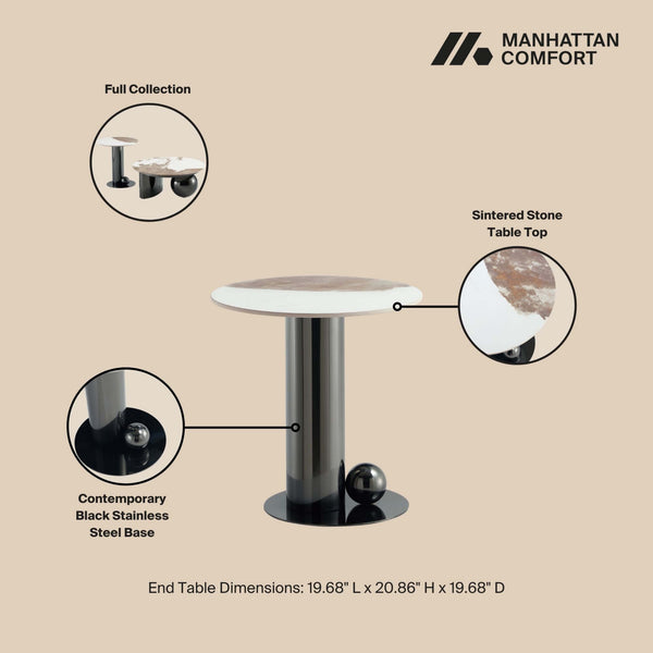 English Elm Laurel Sintered Stone Top End Table in Black — 19.7" Round Top, Stainless Steel Base, Contemporary Design B365S00103