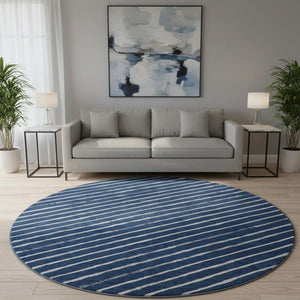 HomeRoots 8' Navy Blue and Ivory Geometric Round Rug - Washable, UV Protected, Non-Slip, Perfect for Any Room 701939