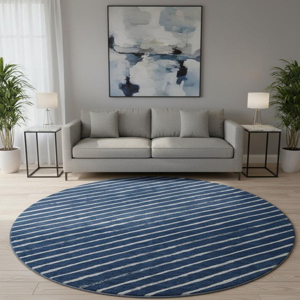 HomeRoots 8' Navy Blue and Ivory Geometric Round Rug - Washable, UV Protected, Non-Slip, Perfect for Any Room 701939