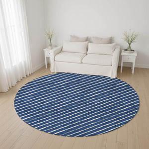 HomeRoots 8' Navy Blue and Ivory Geometric Round Rug - Washable, UV Protected, Non-Slip, Perfect for Any Room 701939