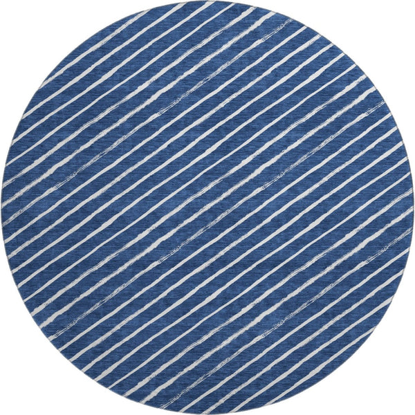 HomeRoots 8' Navy Blue and Ivory Geometric Round Rug - Washable, UV Protected, Non-Slip, Perfect for Any Room 701939