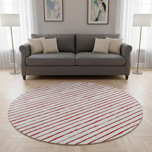 HomeRoots 8' Red And White Abstract Geometric Round Rug - Washable, UV Protected, Stylish & Durable Home Accent 701945