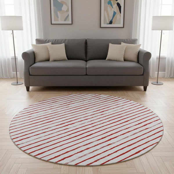 HomeRoots 8' Red And White Abstract Geometric Round Rug - Washable, UV Protected, Stylish & Durable Home Accent 701945