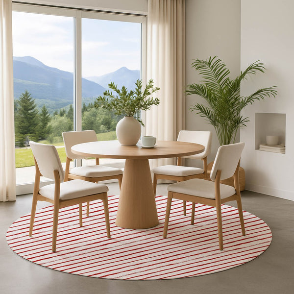 HomeRoots 8' Red And White Abstract Geometric Round Rug - Washable, UV Protected, Stylish & Durable Home Accent 701945