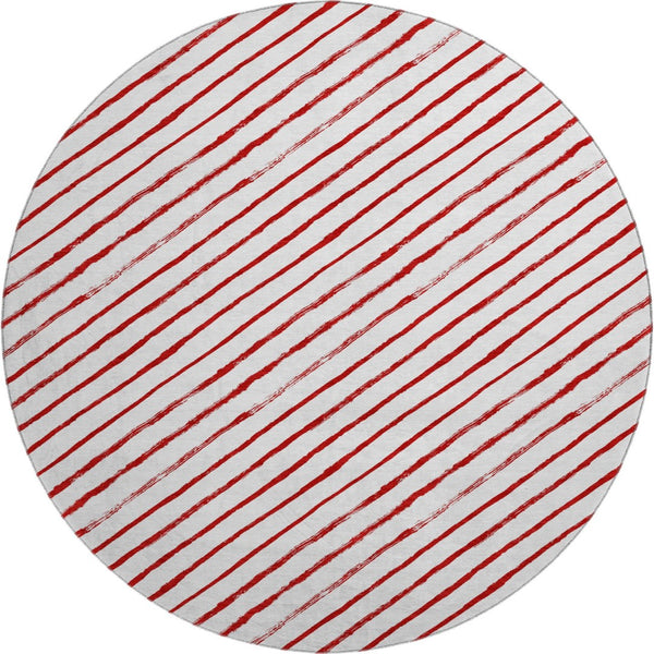 HomeRoots 8' Red And White Abstract Geometric Round Rug - Washable, UV Protected, Stylish & Durable Home Accent 701945