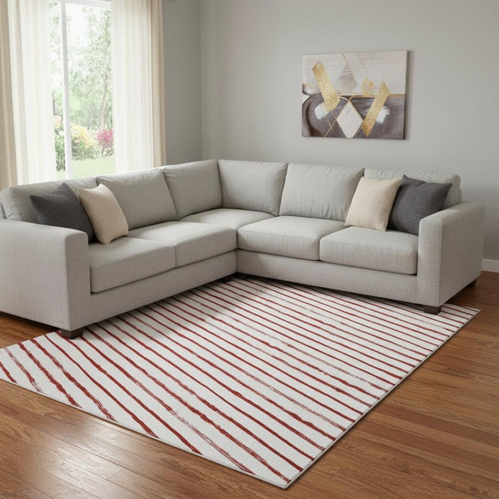 HomeRoots 8' X 10' Red And White Abstract Geometric Area Rug - Washable, UV-Protected, Stain-Resistant Design 701946