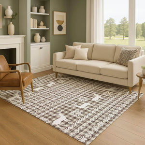 HomeRoots 5' Brown & Ivory Abstract Geometric Area Rug - Washable, UV-Protected, Non-Slip, Stain-Resistant Design 701950