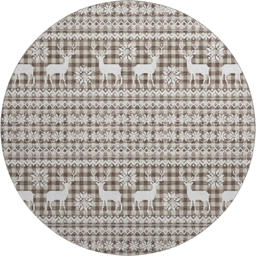 HomeRoots 8' Stylish Brown and Ivory Abstract Geometric Round Rug with UV Protection – Washable & Durable 701951