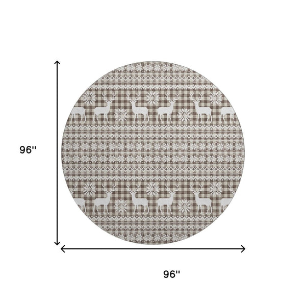 HomeRoots 8' Stylish Brown and Ivory Abstract Geometric Round Rug with UV Protection – Washable & Durable 701951