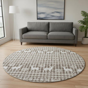 HomeRoots 8' Stylish Brown and Ivory Abstract Geometric Round Rug with UV Protection – Washable & Durable 701951